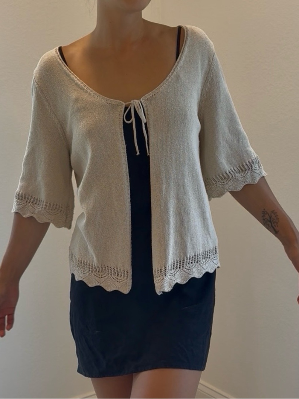 Frye Cream Tie-Front Scallop Edge Knit Cardigan